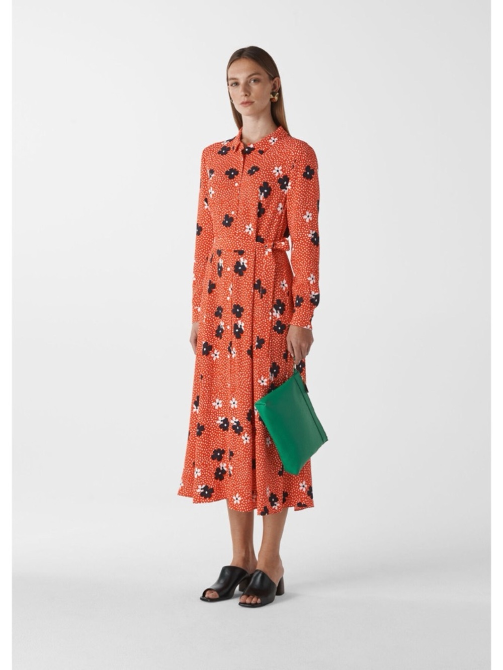 Whistles Confetti Floral Shirt Dress Red Orange Floral Long-Sleeve Midi Dress, 8